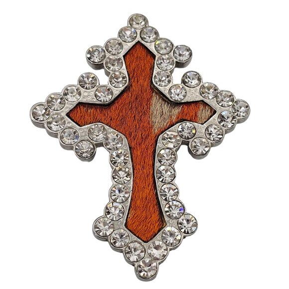 Cross Pendant Rhinestone Western Orange Leather Silver Tone 2.75" Faith Cowgirl - Picture 1 of 14